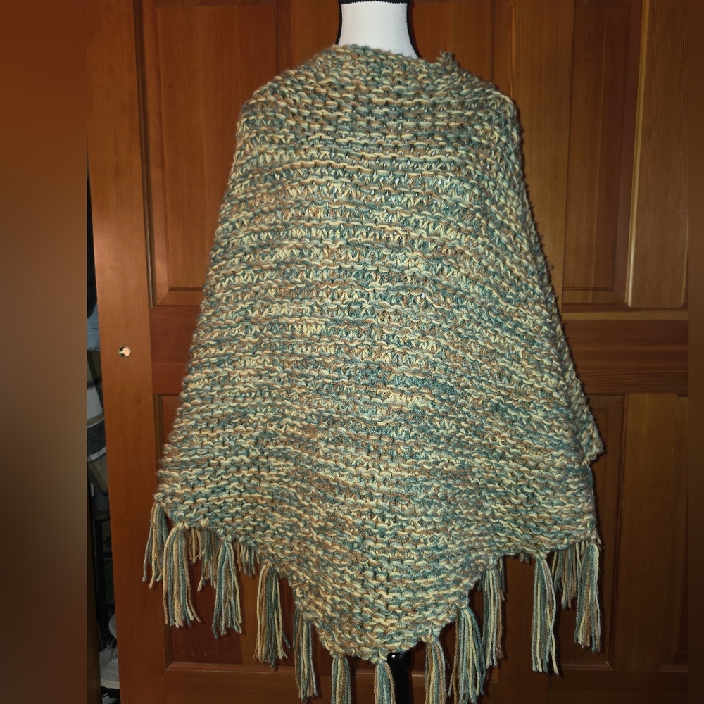 Handmade crochet poncho Tan-Sage Green- Butter Yellow Measurment In Pics